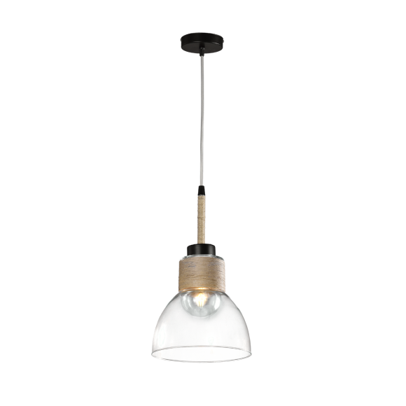 COLGANTE 1 LUZ E27 NEGRO TULIPA CAMPANA 20CM CRISTAL TRANSPARENTE CAÑAMO